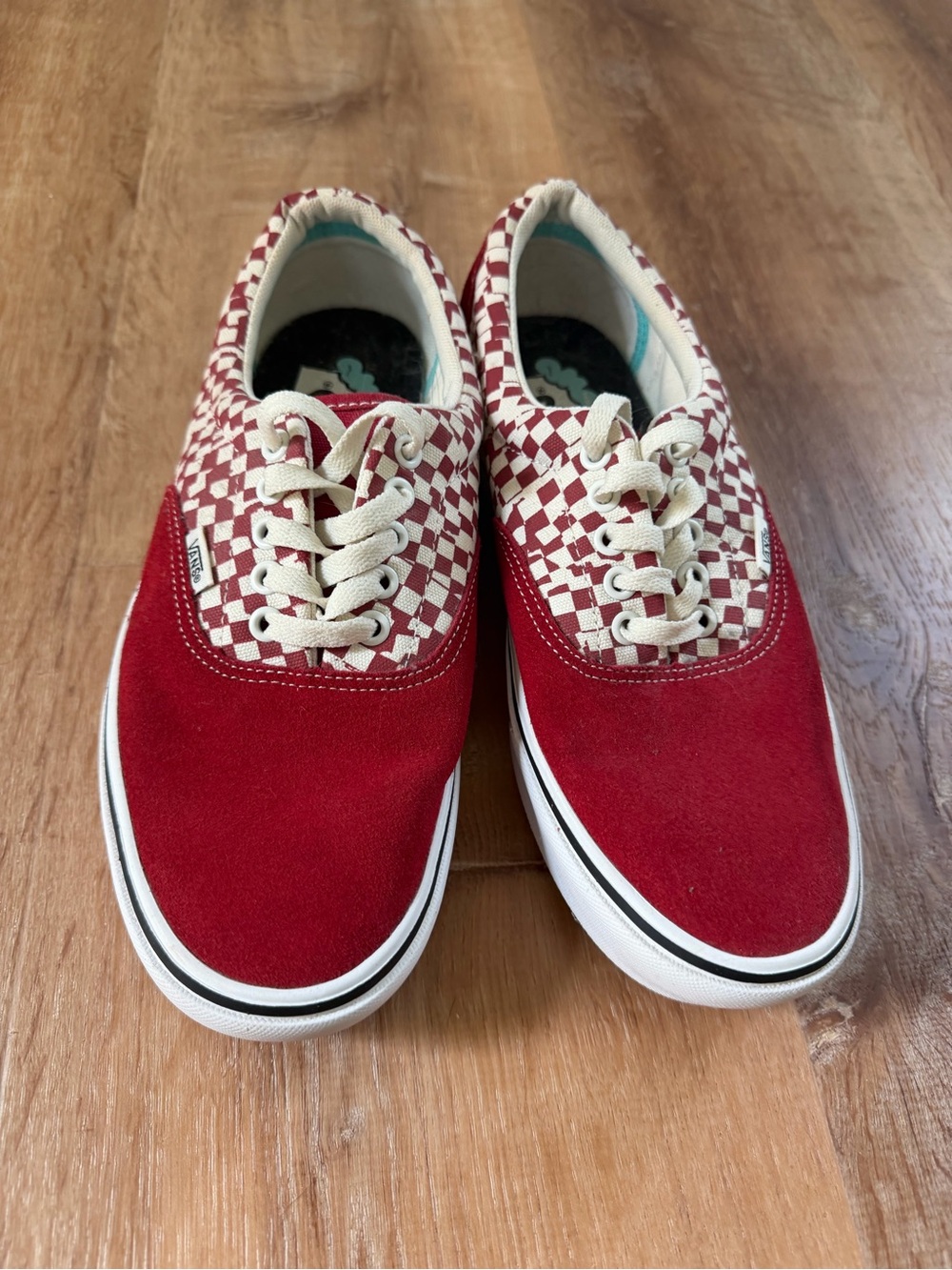 Vans Red Suede and Cream Checkerboard Low Top Sneakers